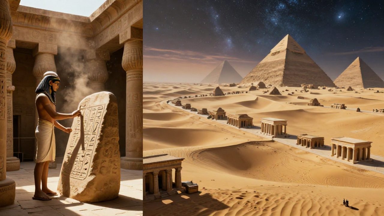 Composición dividida entre un escriba egipcio tallando piedra y un paisaje eterno de civilizaciones conectadas.