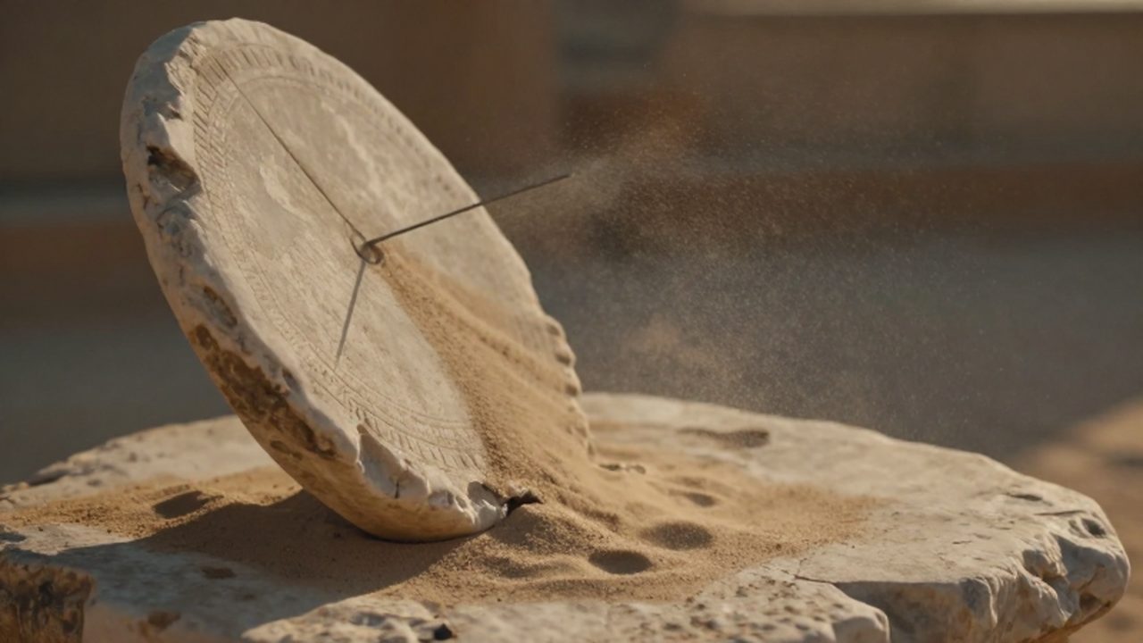 Reloj de sol de piedra antigua parcialmente cubierto por arena bajo la luz del atardecer.