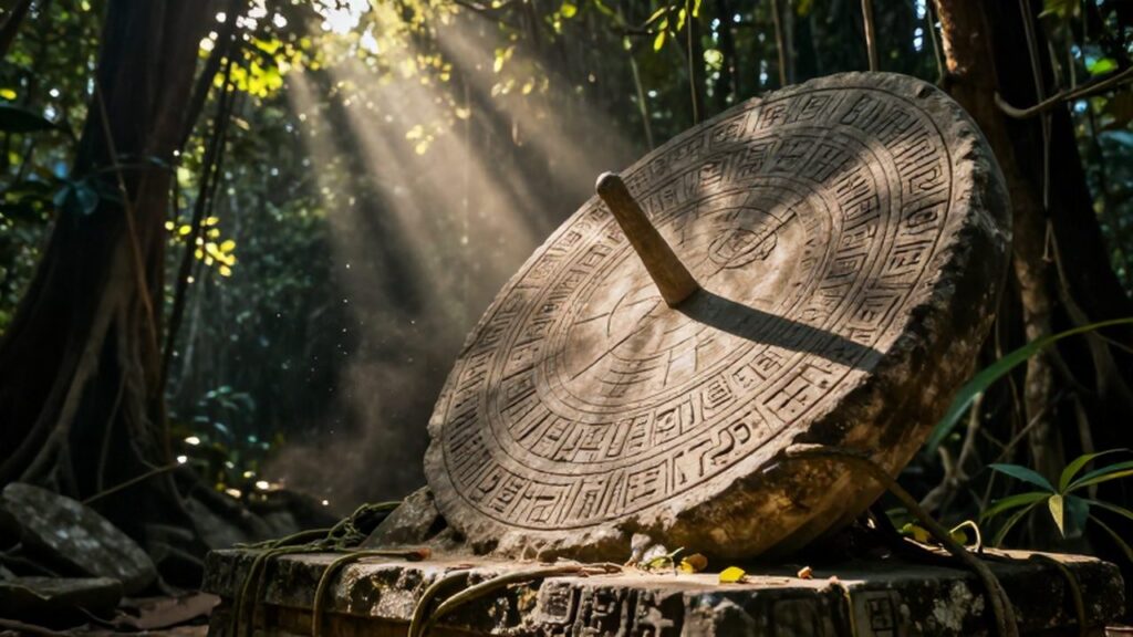 Reloj de sol maya tallado en piedra desgastada entre la vegetación de un templo en ruinas.