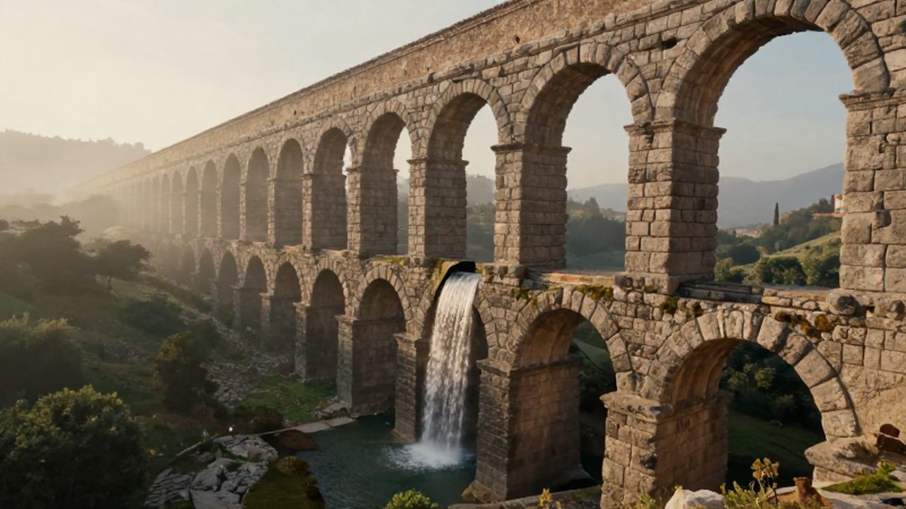 Gran acueducto romano de piedra con arcos monumentales atravesando un valle mediterráneo con agua fluyendo.