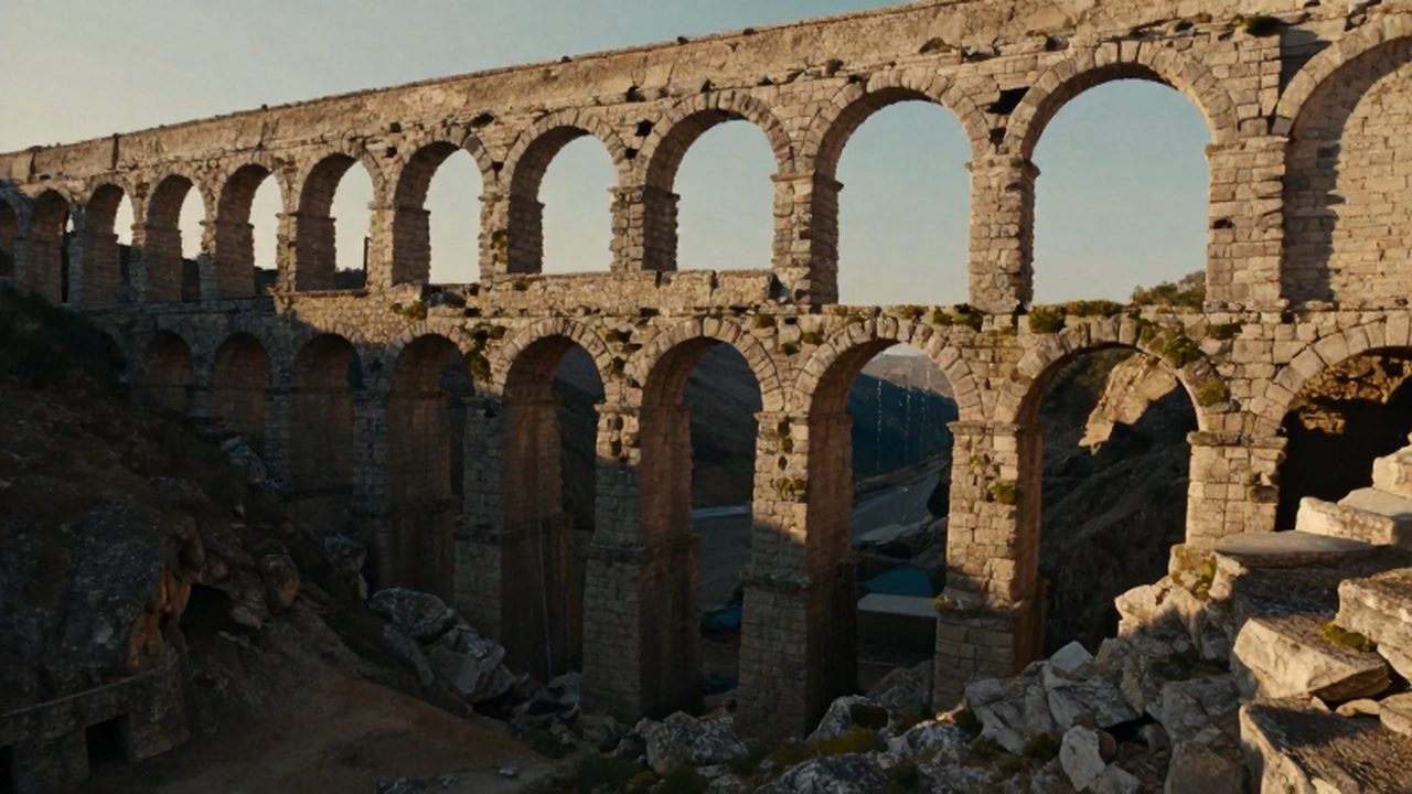 Antiguo acueducto romano de piedra con arcos desgastados cruzando un valle bajo la luz dorada.