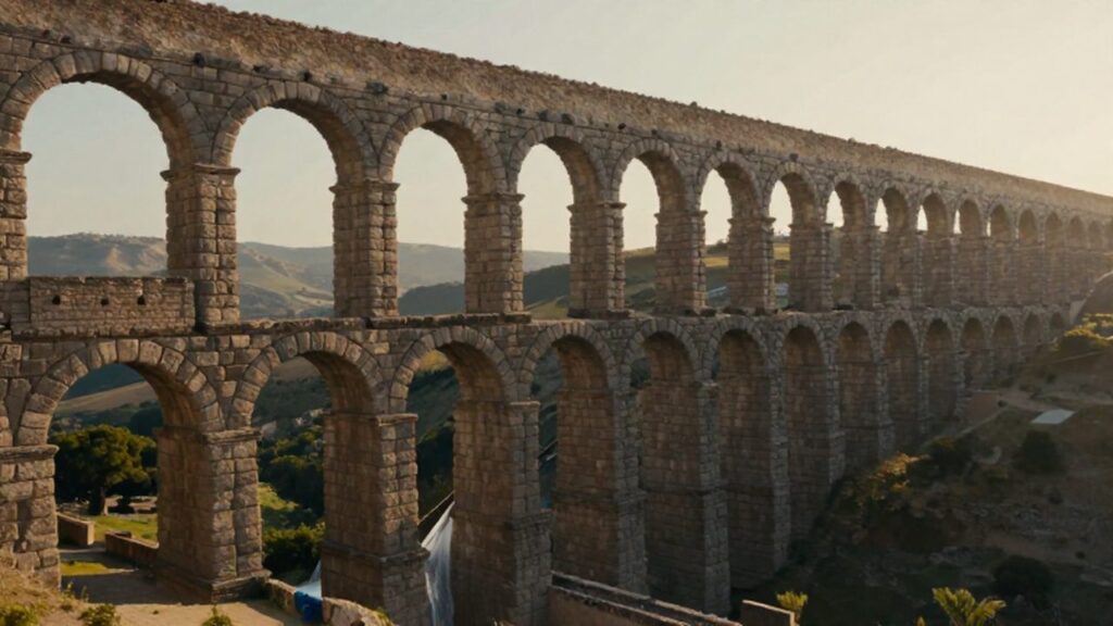 Acueducto romano de piedra con grandes arcos que atraviesa un valle mediterráneo bajo la luz dorada.