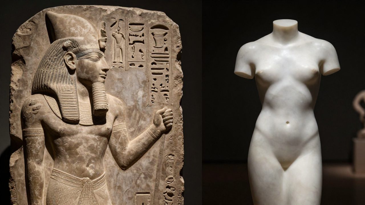 Relieve egipcio de piedra desgastada junto a una escultura moderna de mármol blanco minimalista.