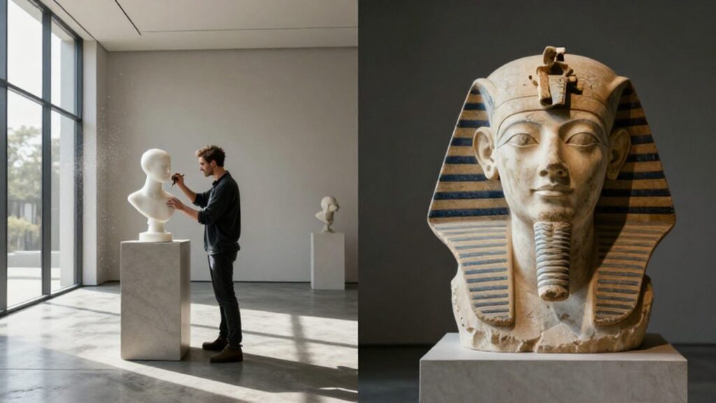 Escultor trabajando un busto de mármol moderno junto a una cabeza egipcia de piedra antigua.