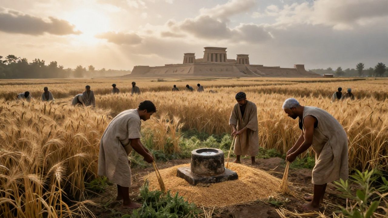 Agricultores trabajando en campos de trigo dorados con un altar de piedra al amanecer.