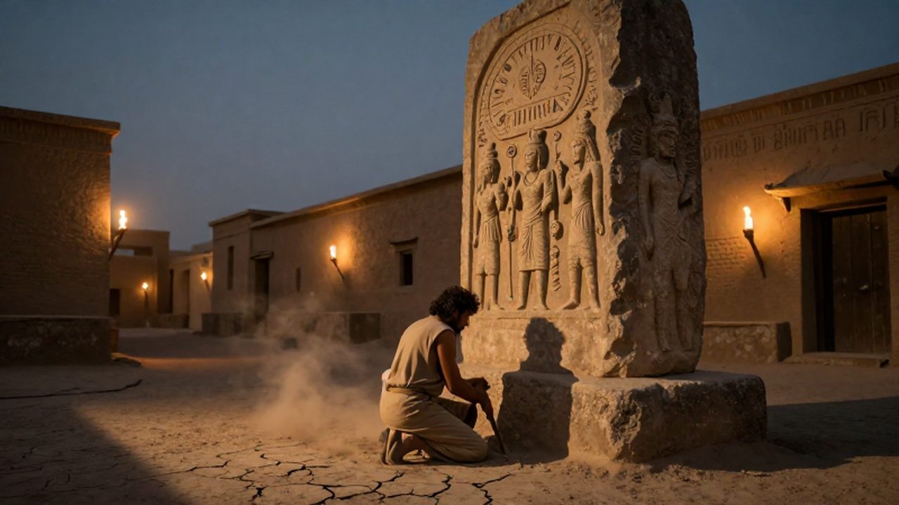 Un granjero cansado arrodilla ante un monolito de deidades celestiales en una calle de Mesopotamia.