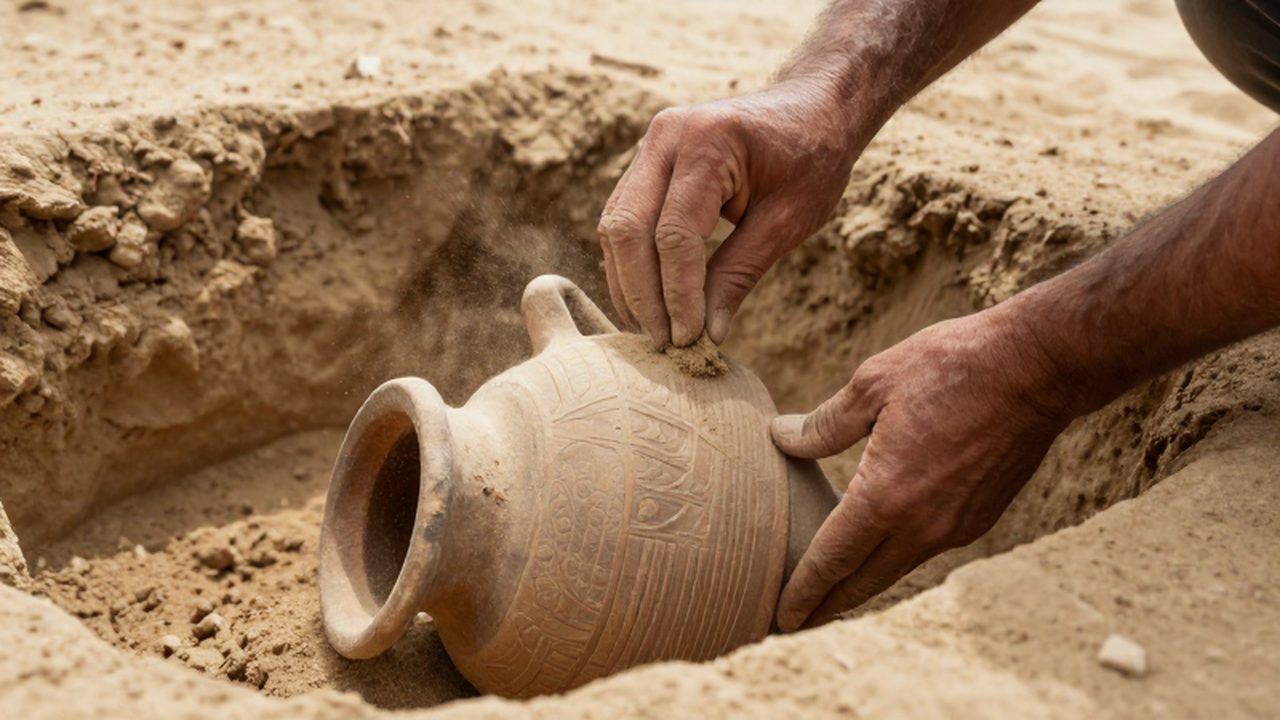 Manos de un arqueólogo limpiando con un pincel una vasija de terracota enterrada en el desierto.