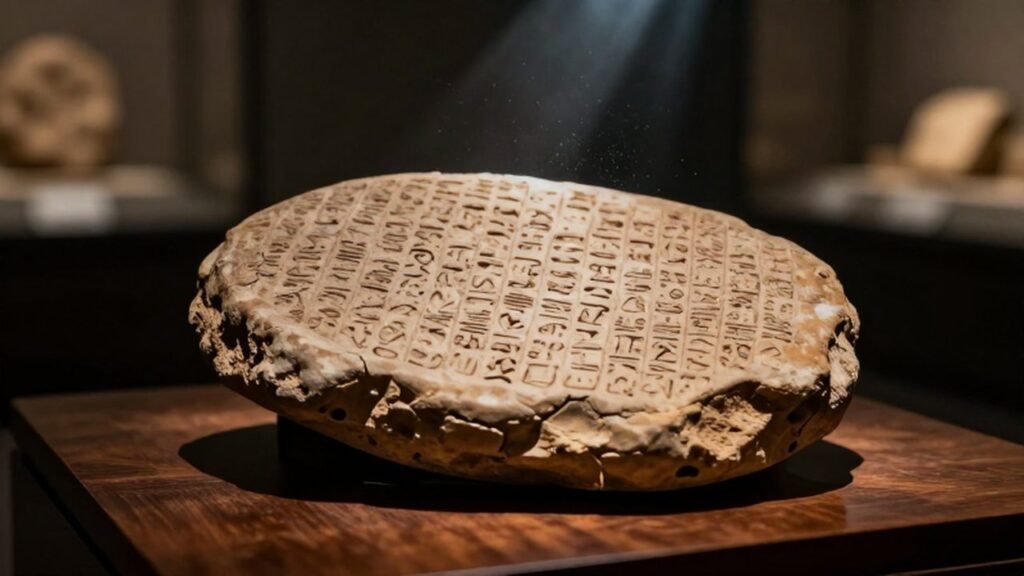 Tablilla de arcilla antigua con inscripciones cuneiformes sobre una mesa de madera en un archivo arqueológico.