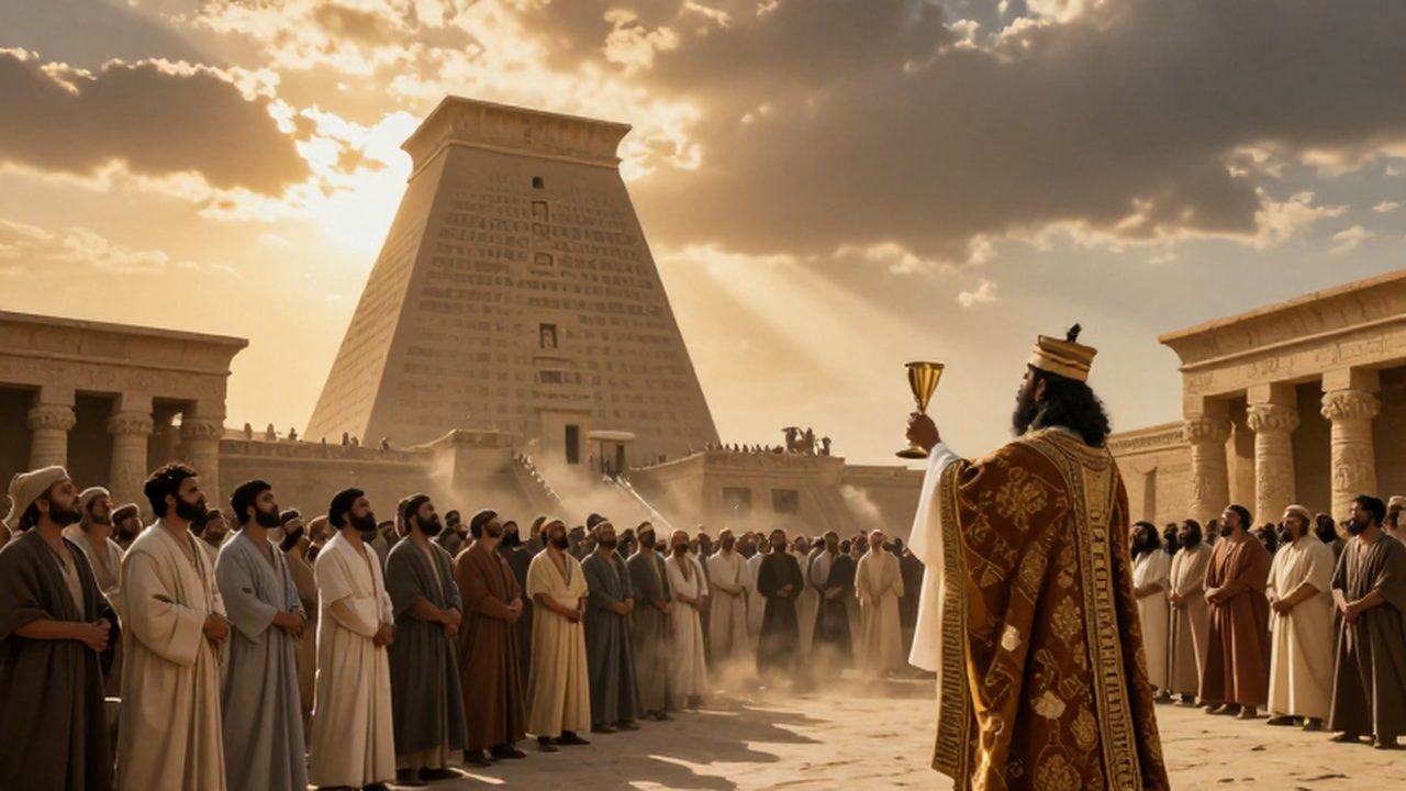 Un sacerdote alza un cáliz ante una multitud en una plaza mesopotámica con un zigurat al fondo.
