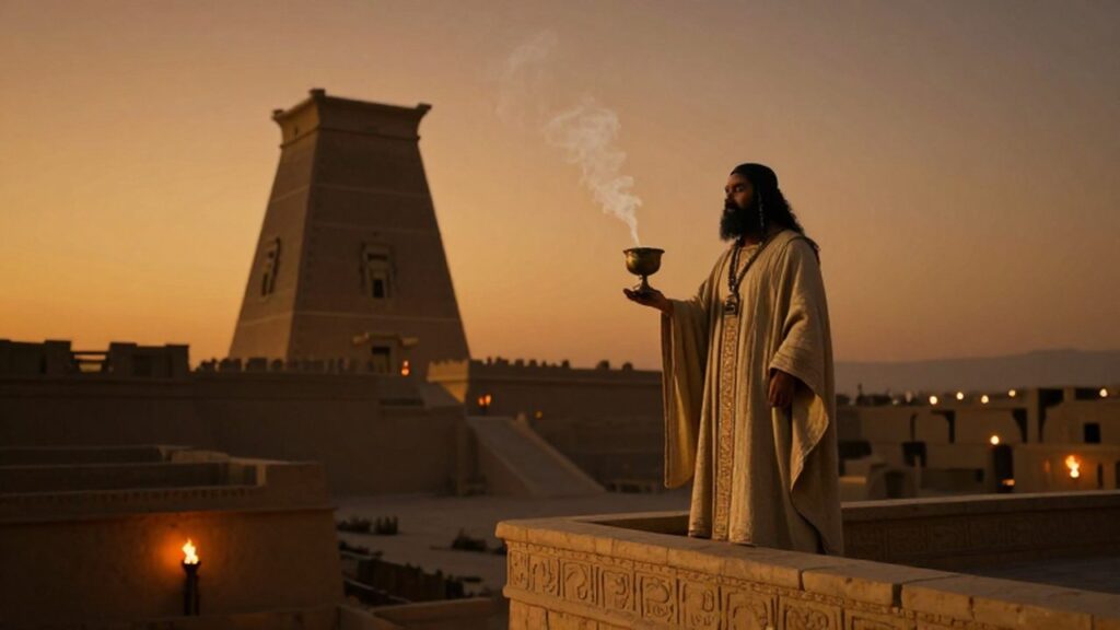 Un sacerdote con vestiduras de lino sostiene un recipiente ceremonial frente a un zigurat al atardecer.