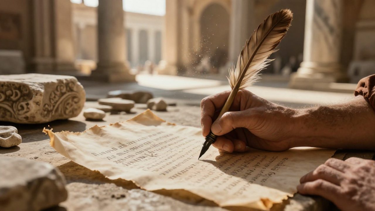 Mano de un escriba romano escribiendo inscripciones en latín sobre un pergamino antiguo.