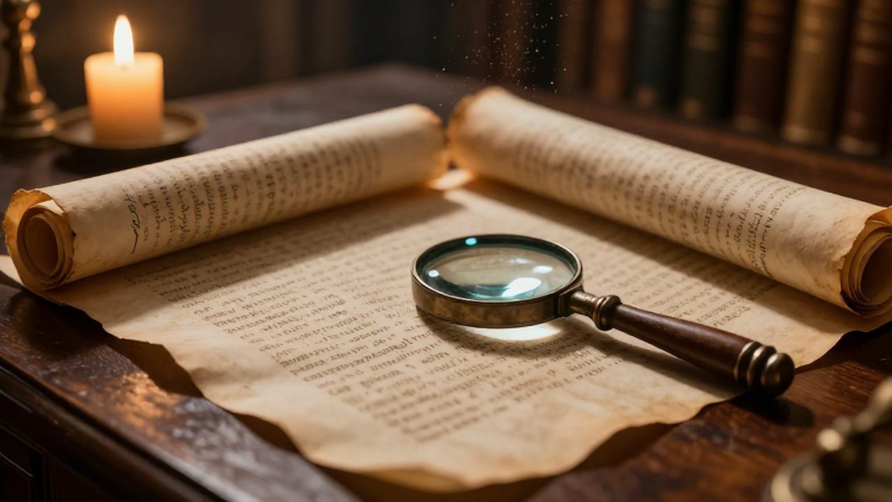 Pergaminos romanos con inscripciones latinas sobre un escritorio de madera iluminados por una vela.