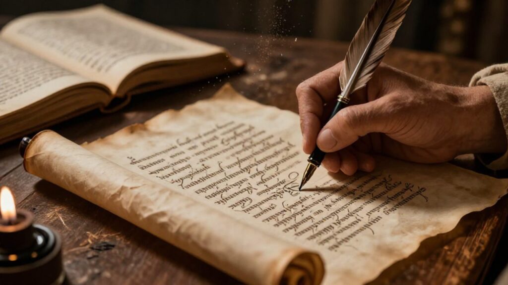 Mano de un escriba romano redactando con pluma sobre un pergamino antiguo a la luz de las velas.