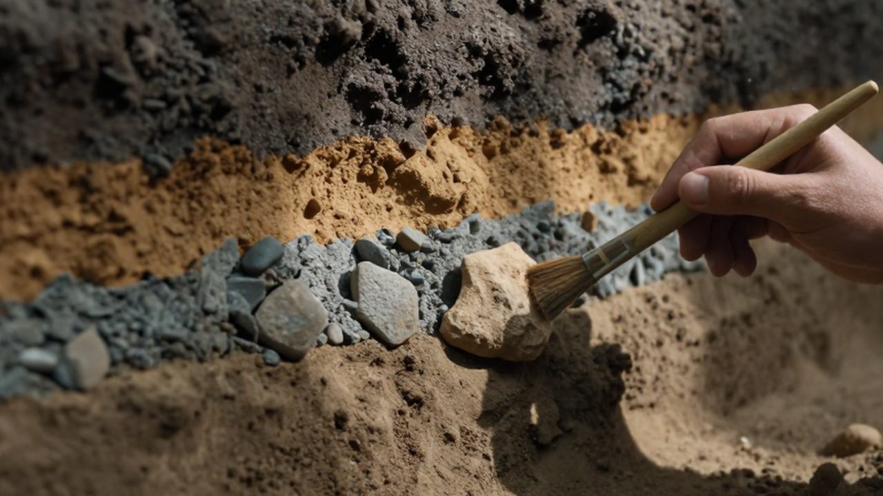 Un arqueólogo limpia con un pincel un fragmento de cerámica incrustado en capas de tierra sedimentaria.