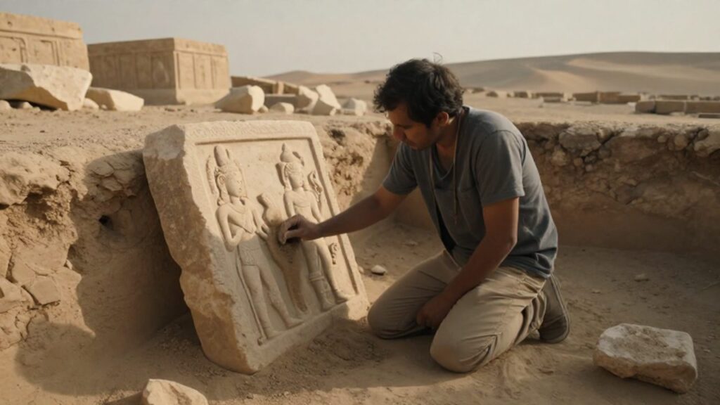 Arqueólogo limpiando con un pincel un relieve de piedra antigua en una excavación desértica.