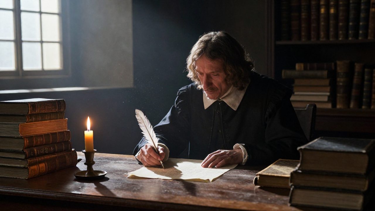 Filósofo concentrado escribiendo con pluma en un estudio antiguo iluminado por una vela.