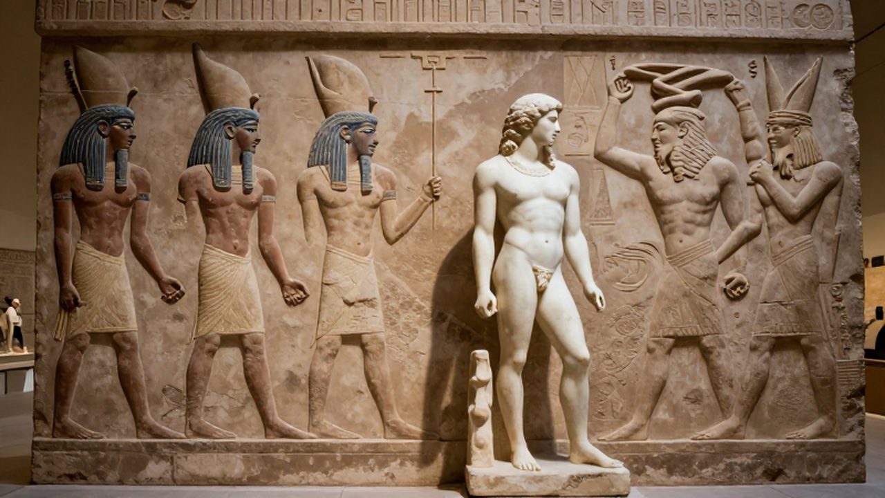 Composición dividida que muestra relieves egipcios, una escultura griega de mármol y bajorrelieves mesopotámicos.