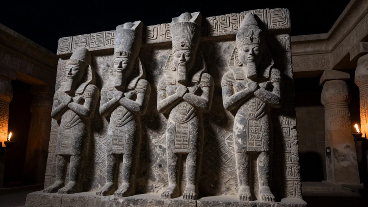 Esculturas monumentales de una deidad azteca talladas en basalto dentro de un templo antiguo.