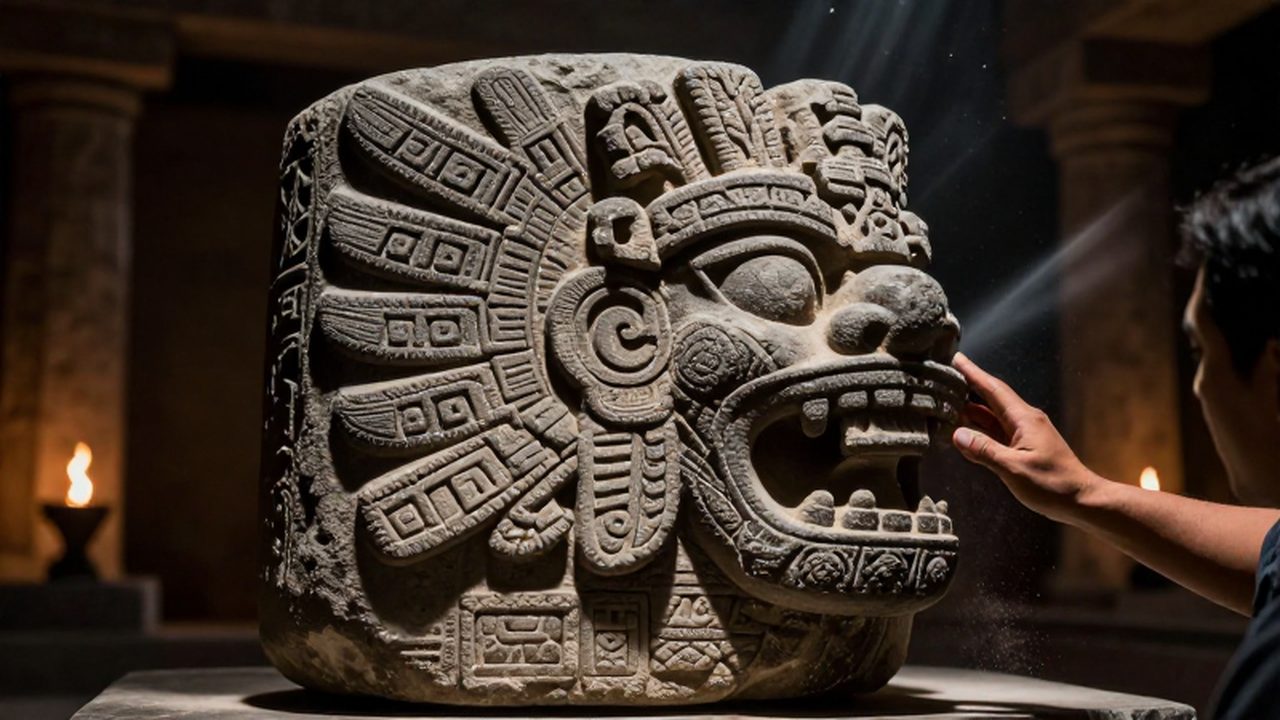 Arqueólogo examinando con detalle un monolito de piedra con la figura de una serpiente emplumada.