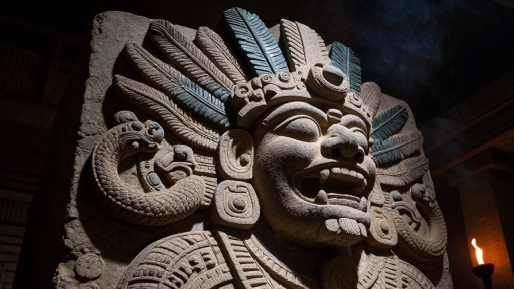 Escultura de piedra azteca de una deidad con rasgos de serpiente y tocado de plumas.