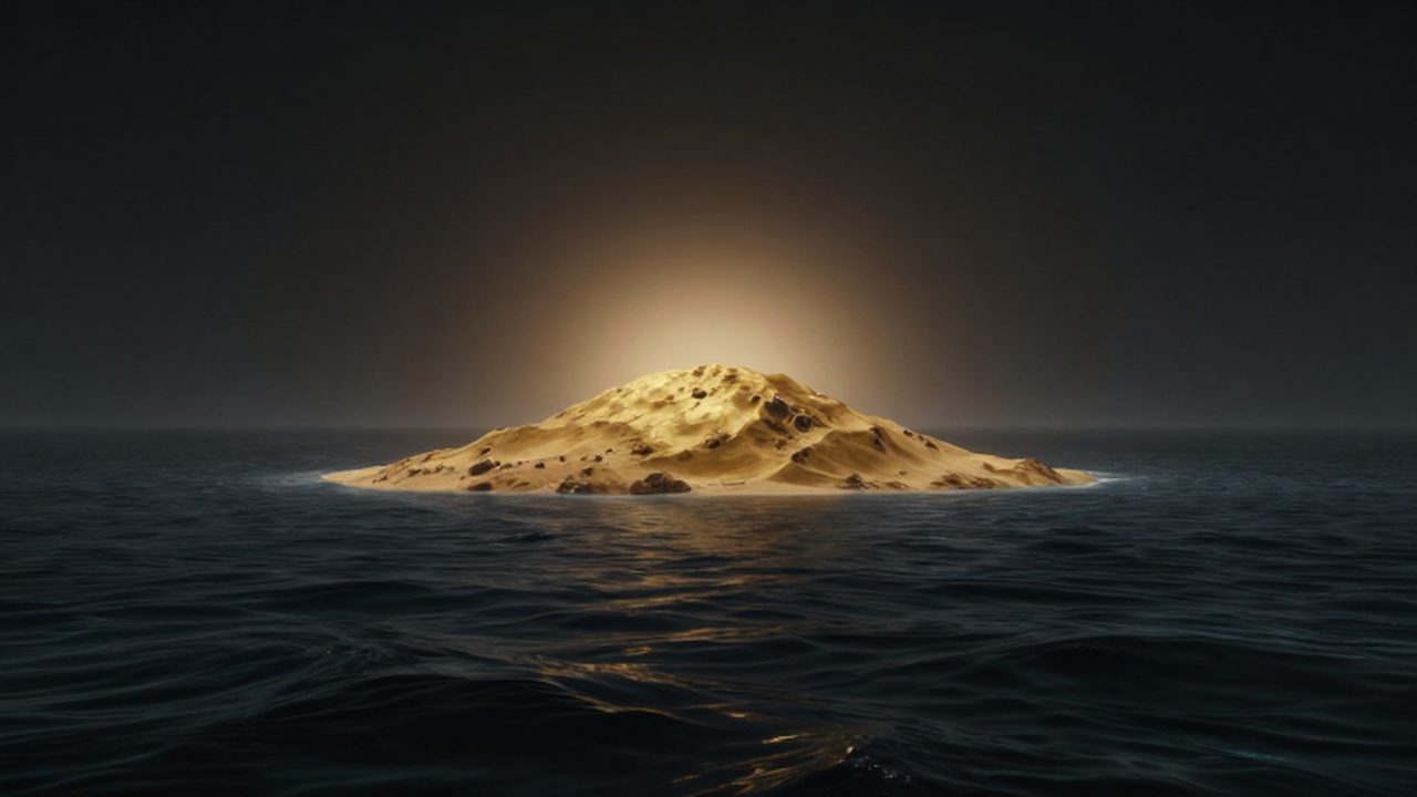 Un montículo de tierra dorada emerge de un océano oscuro y vasto bajo una luz mística.