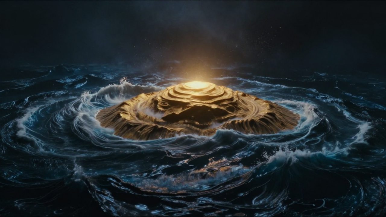 Montículo de tierra dorado emergiendo de las turbulentas y oscuras aguas primordiales del mito egipcio.