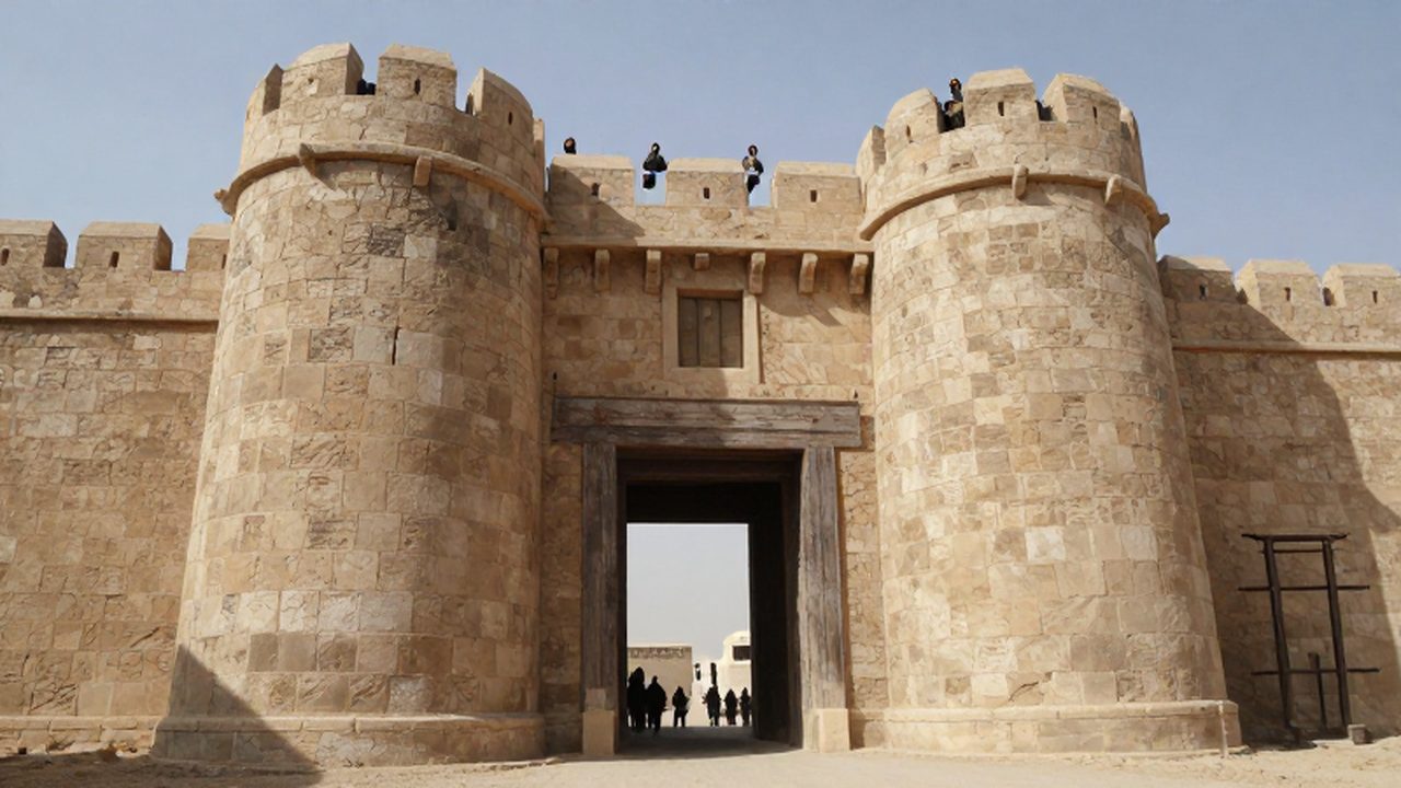 Entrada monumental de una ciudad antigua con murallas de piedra y soldados en las almenas.