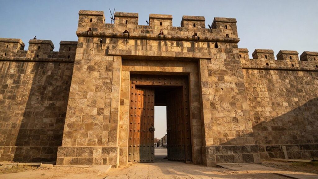 Puerta colosal de madera y bronce en una antigua ciudad amurallada bajo la luz dorada.