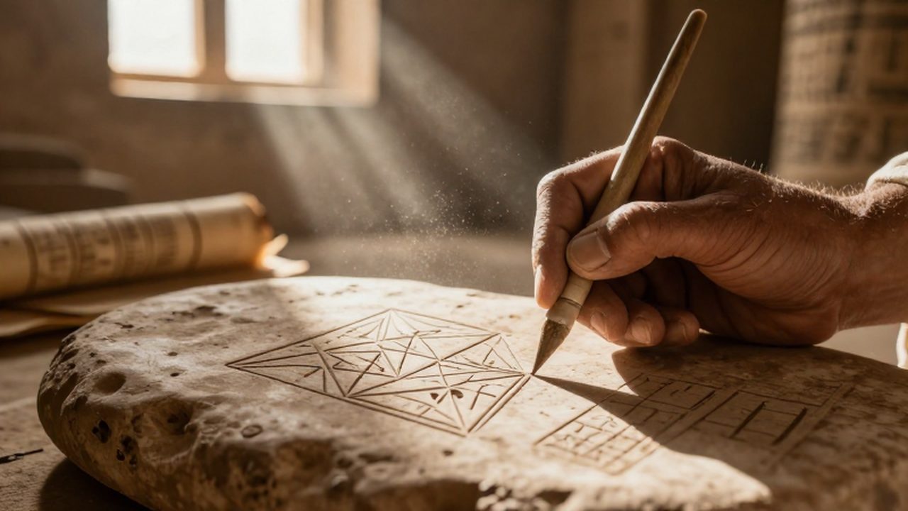 Manos de un escriba sumerio grabando diagramas geométricos en una tablilla de arcilla húmeda.