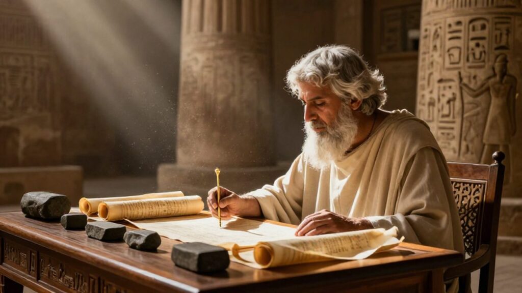 Un erudito egipcio organiza pergaminos y tablas de piedra en una luminosa biblioteca de piedra.