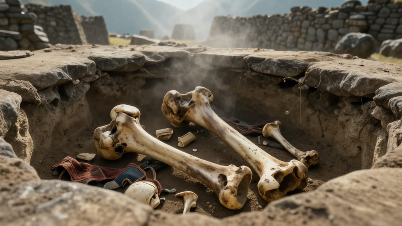 Restos óseos y fragmentos de textiles incas parcialmente descubiertos entre piedras de Machu Picchu.