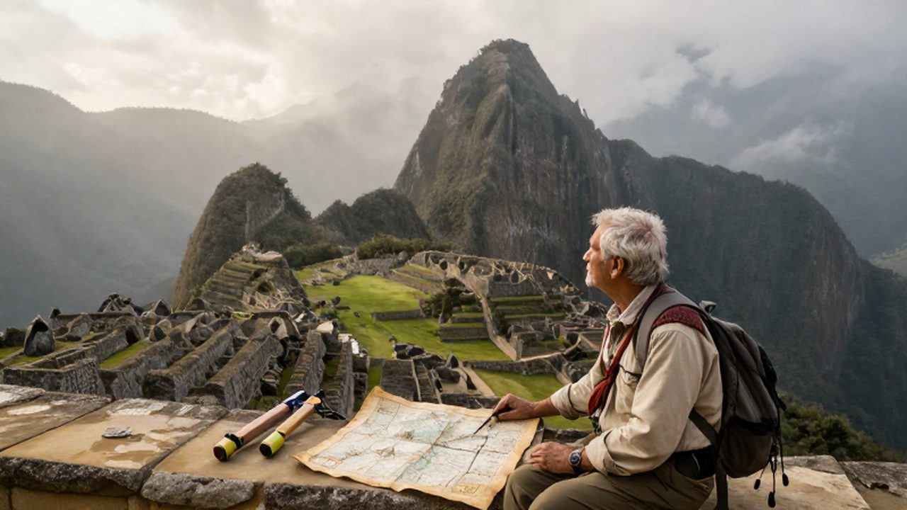 Un arqueólogo estudia mapas sobre una piedra frente a las ruinas de Machu Picchu entre la niebla.