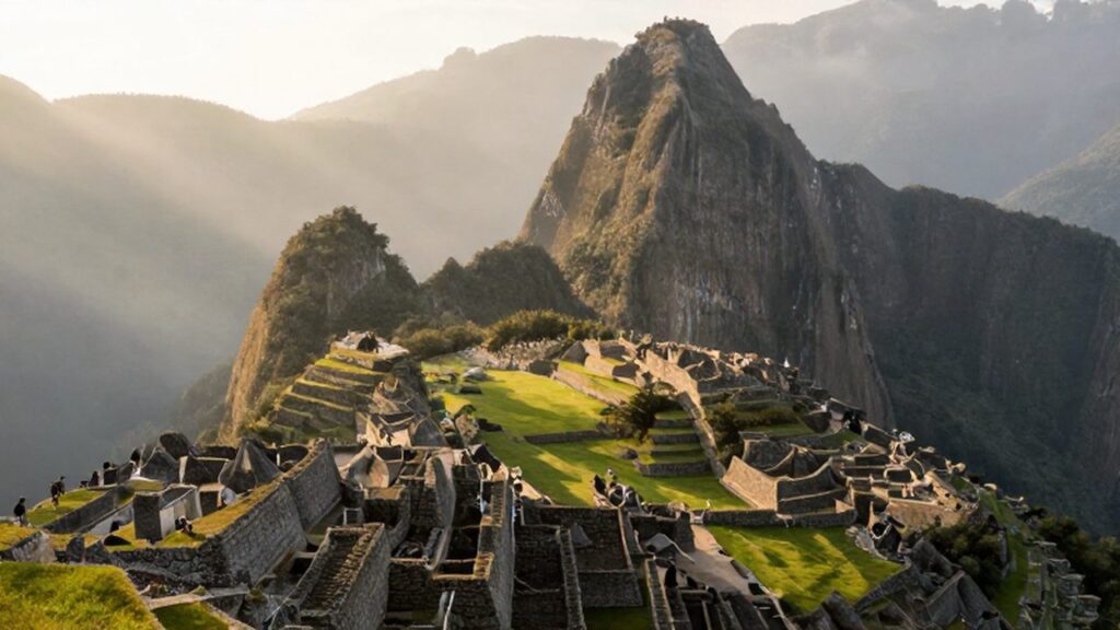 Machu Picchu al amanecer con trabajadores incas entre terrazas de piedra y montañas brumosas.