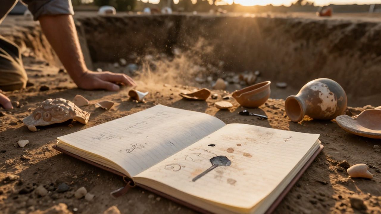 Cuaderno de campo desordenado con bocetos ilegibles junto a fragmentos de cerámica en una excavación arqueológica.
