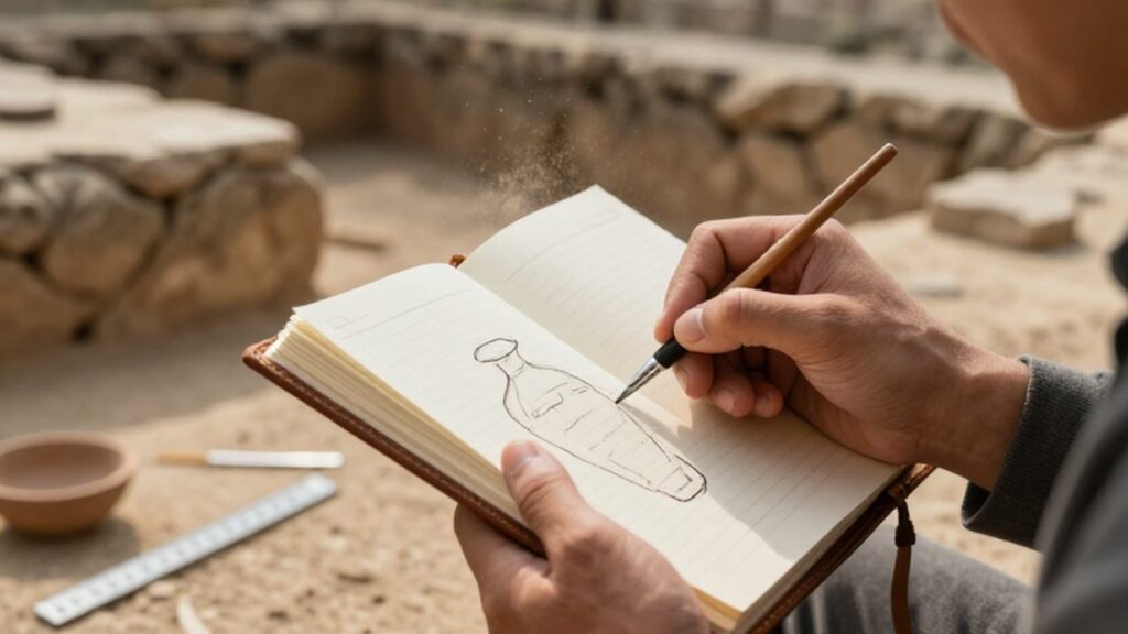 Manos de un arqueólogo dibujando un fragmento de cerámica antigua en un cuaderno de campo.