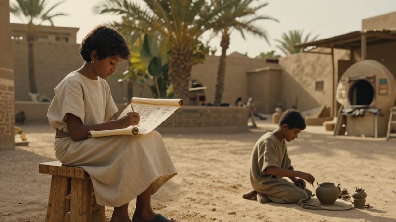 Dos niños en el antiguo Egipto estudian de forma distinta: uno escribe jeroglíficos y otro realiza artesanías.