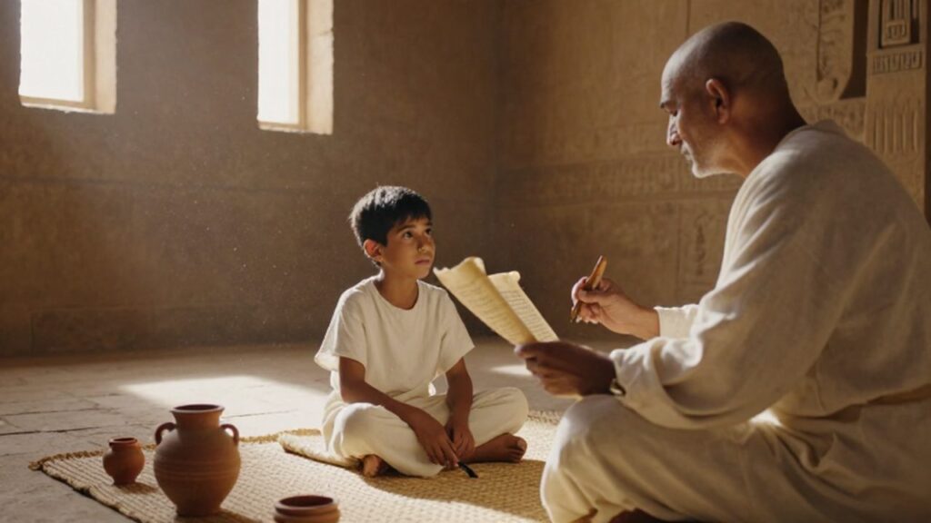 Un escriba anciano enseña a un niño a leer un papiro en un aula del antiguo Egipto.