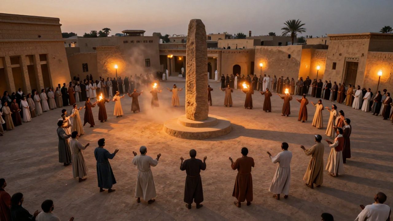 Ciudadanos de Mesopotamia realizan una danza ritual alrededor de un monolito de piedra bajo la luz de antorchas.