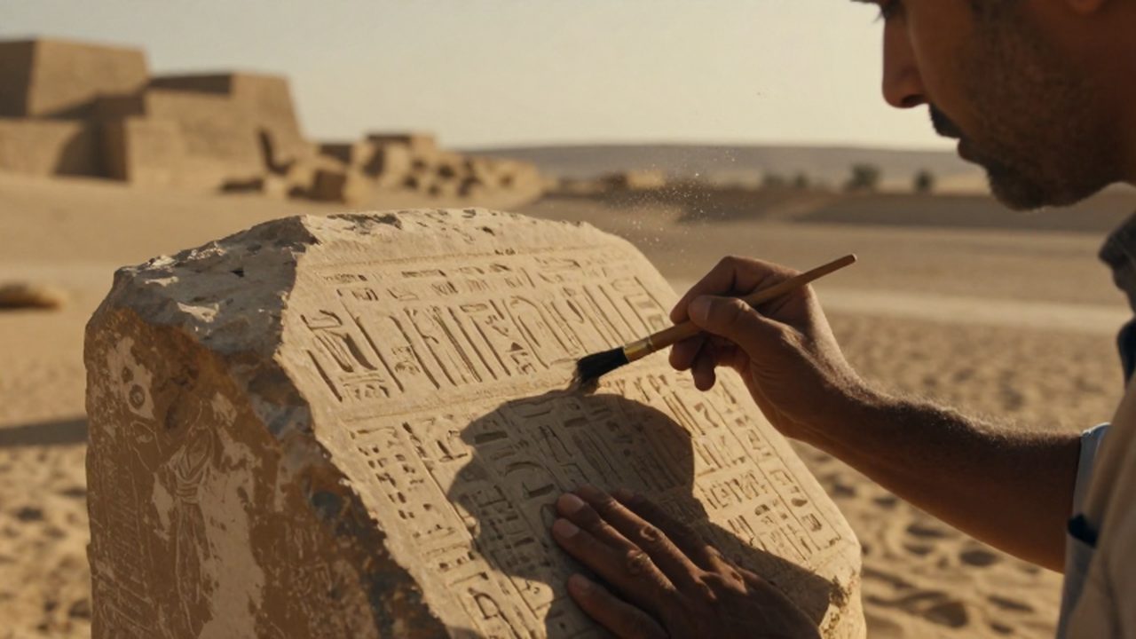 Arqueólogo limpiando con un pincel los jeroglíficos de una estela de piedra en un sitio egipcio.