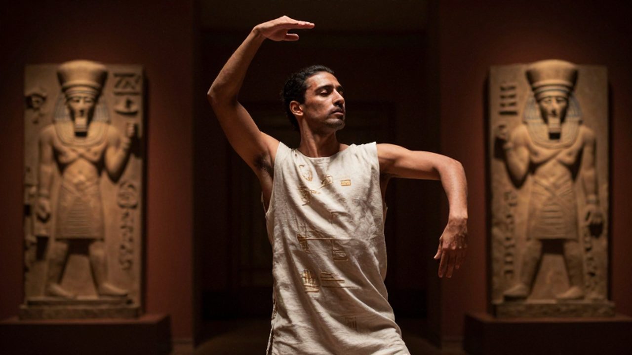 Bailarina con vestimenta de lino y detalles dorados realizando movimientos rituales en un museo.