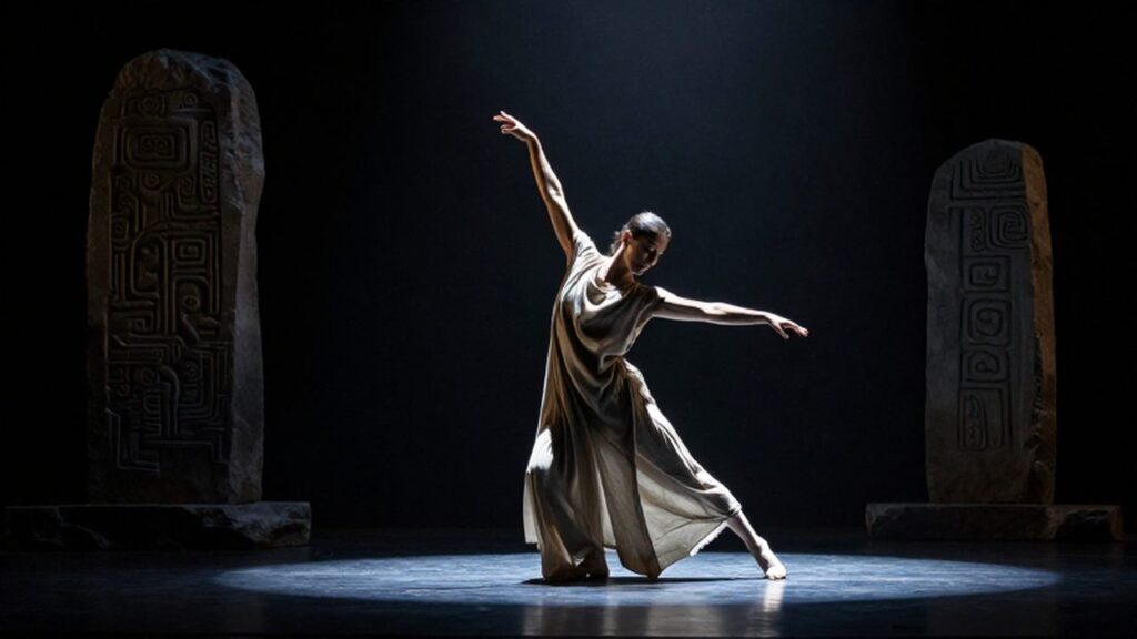 Bailarina profesional realizando una danza contemporánea bajo un foco intenso en un escenario oscuro.
