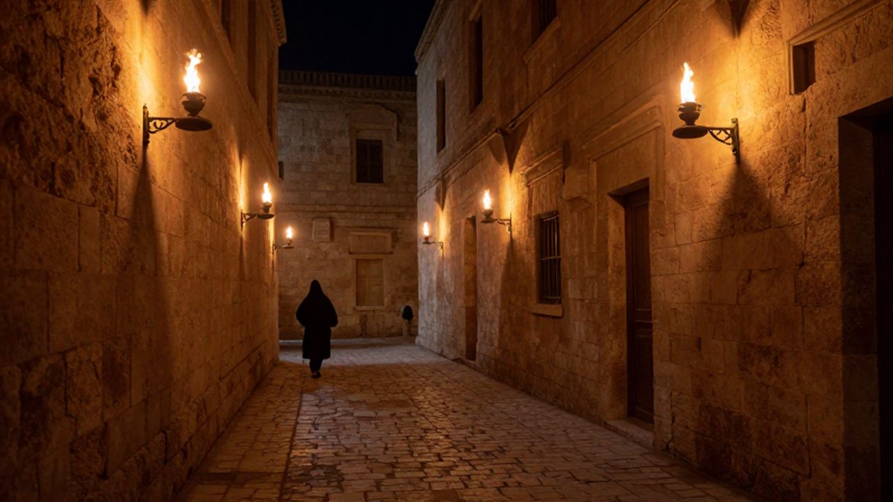Callejón empedrado de una ciudad antigua con lámparas de aceite y un mercader lejano.