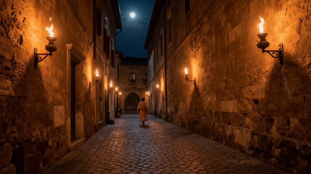 Callejón de piedra en la antigua Roma iluminado por lámparas de aceite y luz lunar.