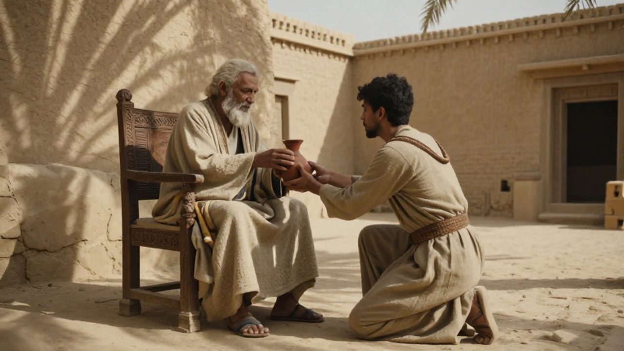 Un joven ofrece una vasija de agua a un anciano sabio en un patio mesopotámico.