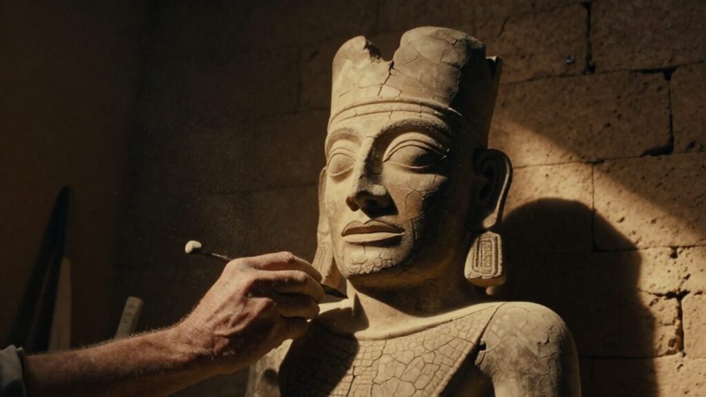 Escultor mesopotámico trabajando con herramientas de bronce sobre un ídolo de terracota con rasgos grotescos.