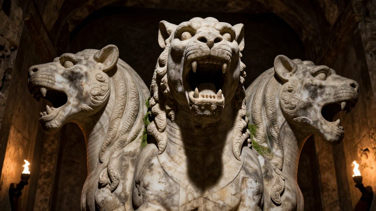 Escultura colosal de mármol con tres cabezas de Cerbero en la entrada de una caverna.