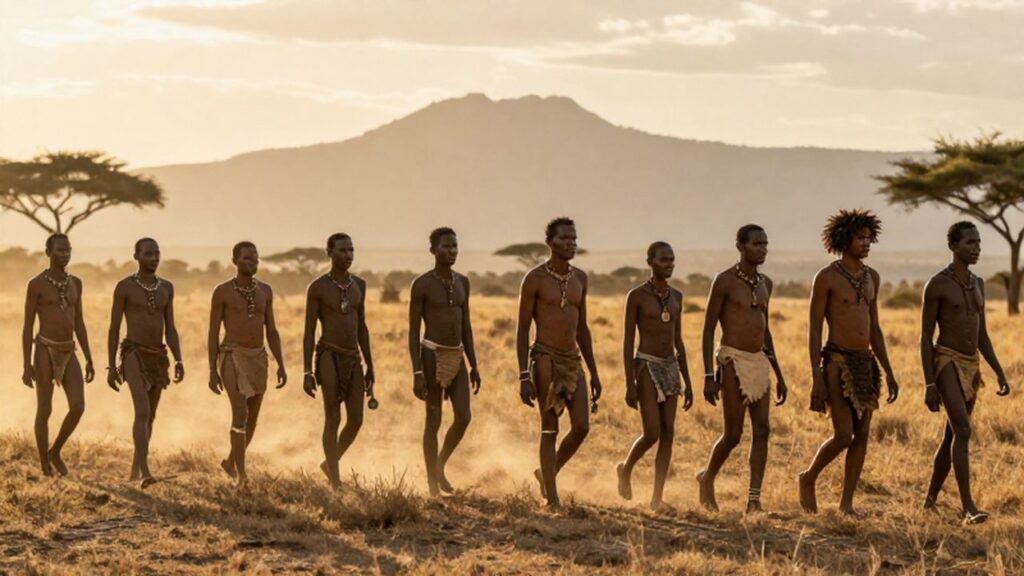 Grupo de humanos primitivos con herramientas de piedra migrando por una sabana bañada por el sol.