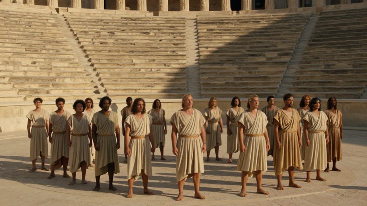 Grupo de miembros de un coro griego con túnicas rítmicas en un anfiteatro de piedra.