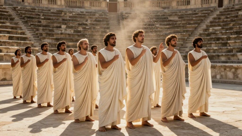 Grupo de miembros de un coro con túnicas blancas realizando gestos dramáticos en un anfiteatro griego.