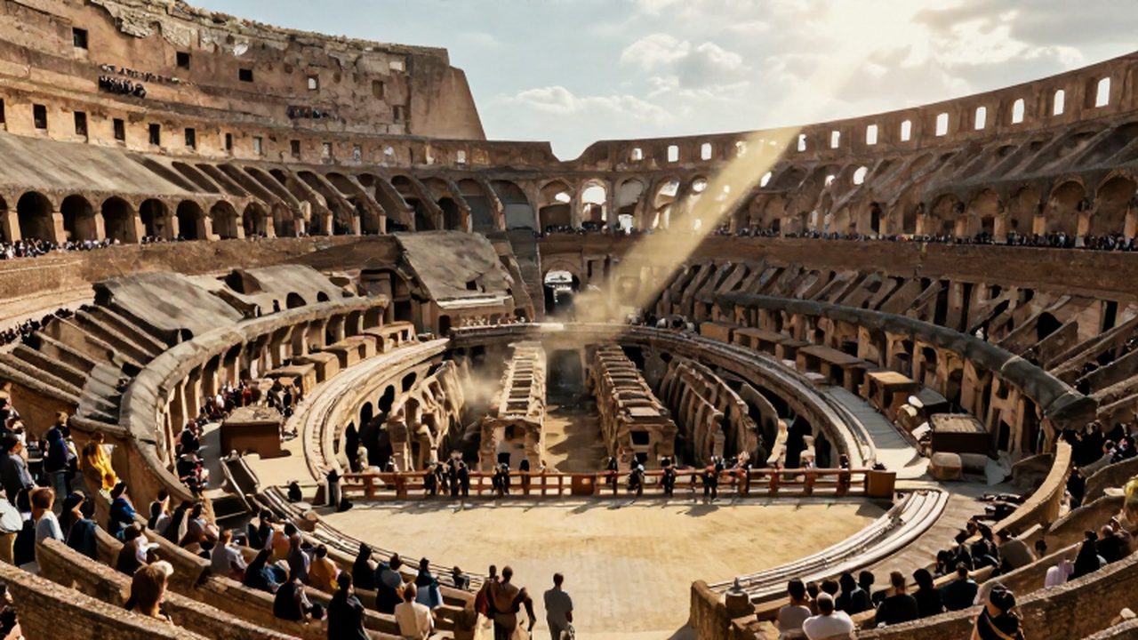 Vista panorámica del interior del Coliseo romano con espectadores en las gradas y luz solar filtrándose.